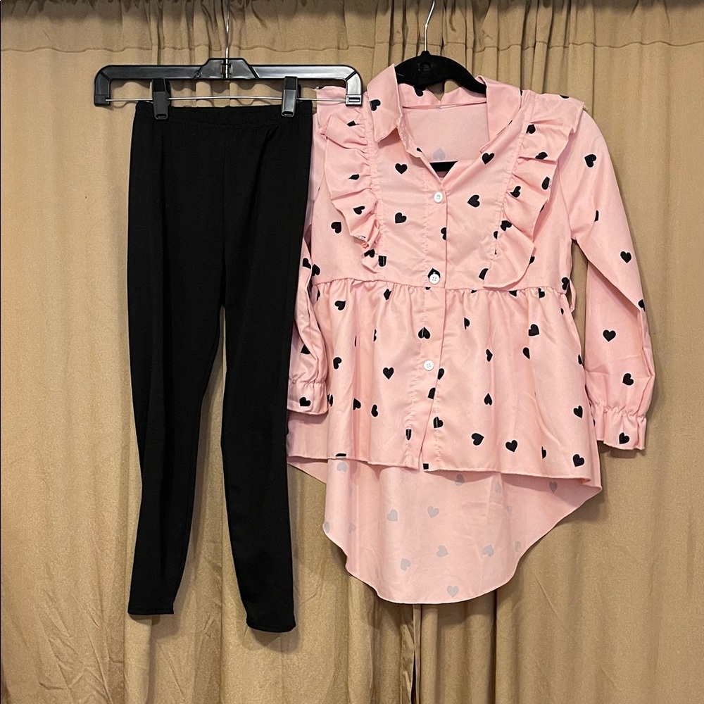 Girl’s 7 Pink Heart Ruffle Blouse and Black Leggings Set (BELT NOT INCL-LOST)